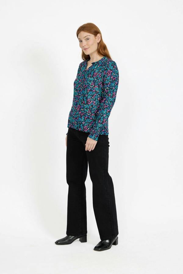 Mudflower Floral Printed Button-Up Blouse with Ruffle Detailing