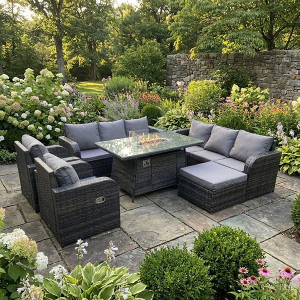 Fimous 9 Seater Rattan Garden Furniture Set with Gas Fire Pit Table, 2 Sofas, 3 Reclining Chairs, Large Footstool - Dark Grey