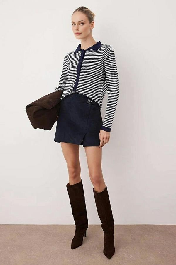 WOVCOR Striped Polo Neck Knit Cardigan