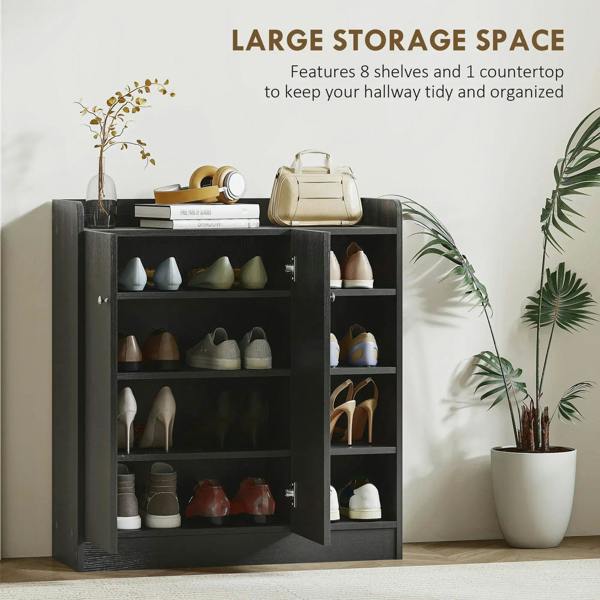 Black shoe storage cabinet with open shelves holding shoes, two-door cabinet body