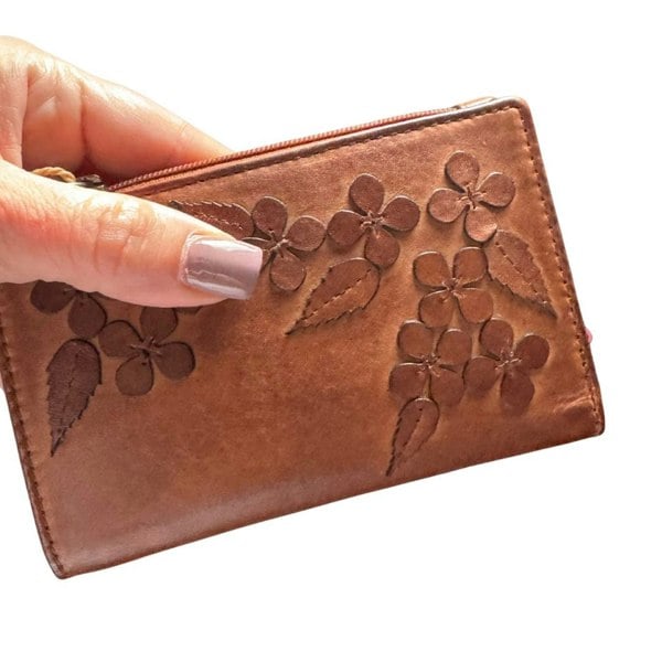 Mala Leather Wild Bloom Classic Floral Tan Leather Compact Purse