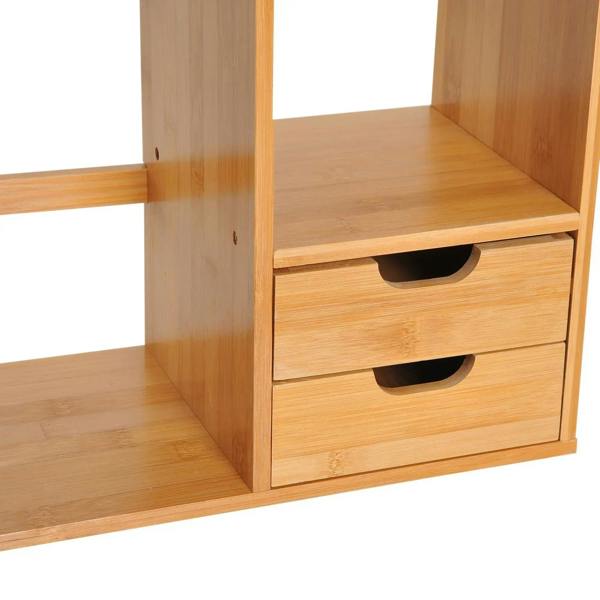 Close-up of bamboo desk organizer drawers with black pull handles
