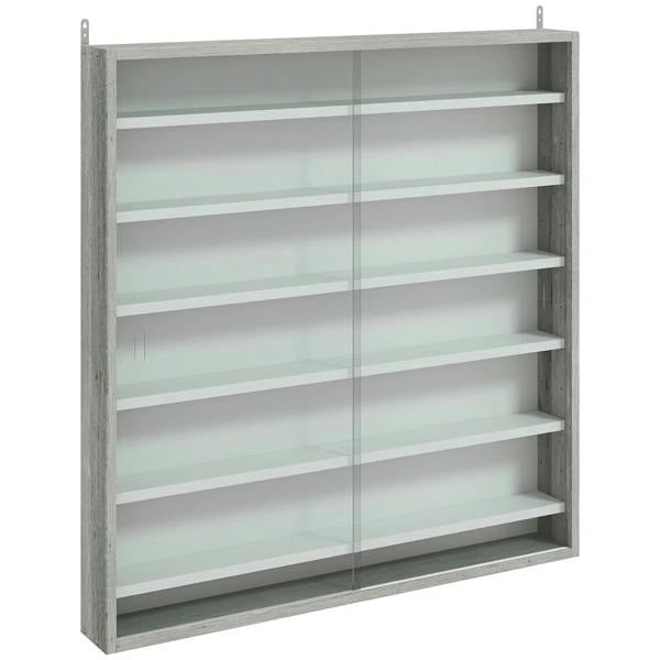 Grey display cabinet with glass doors and six open shelves