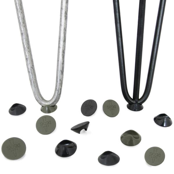 Grey 10mm hairpin leg feet protectors in a pack, featuring round and triangular shapes, designed to prevent scratches on floors