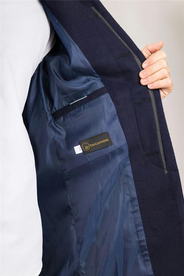 Infinity Leather Men's Navy Stand Collar Wool Blend Overcoat