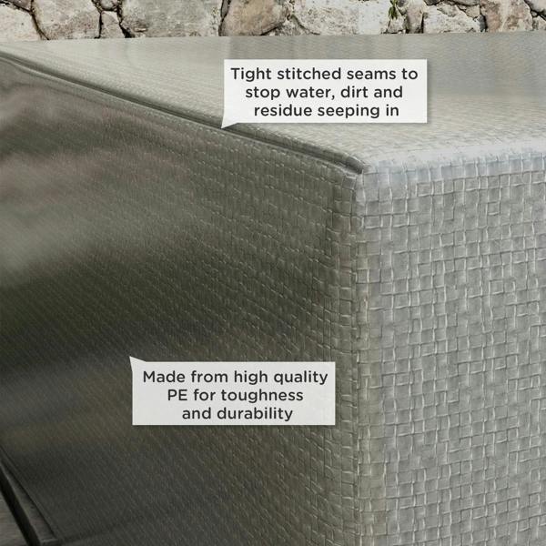 Close-up of grey patio furniture cover seams and stitched panel construction.