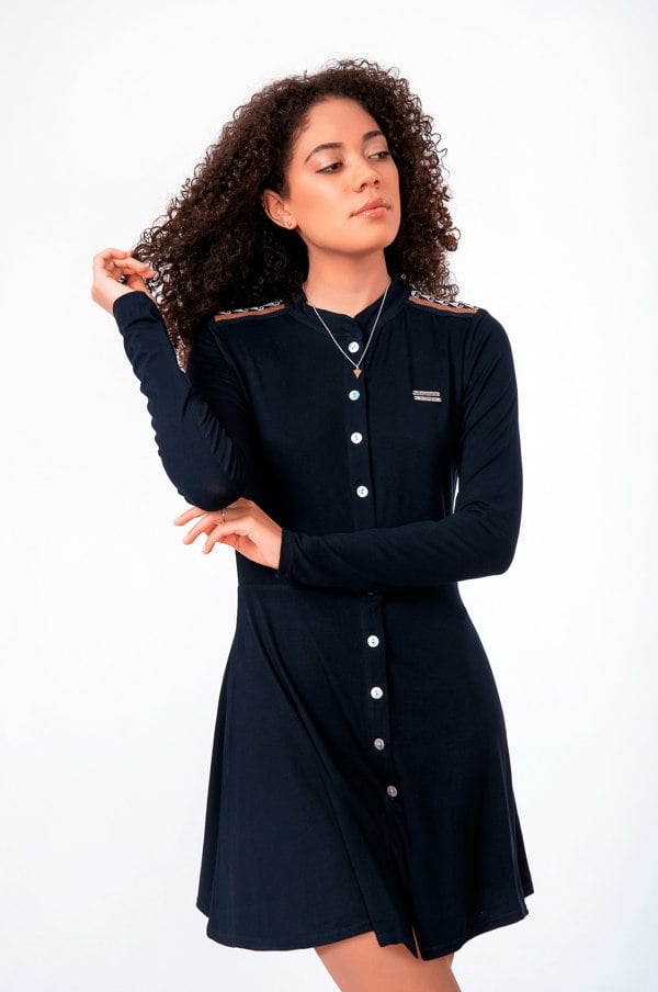 Handmade Stories Navy blue fit-and-flare shirt dress