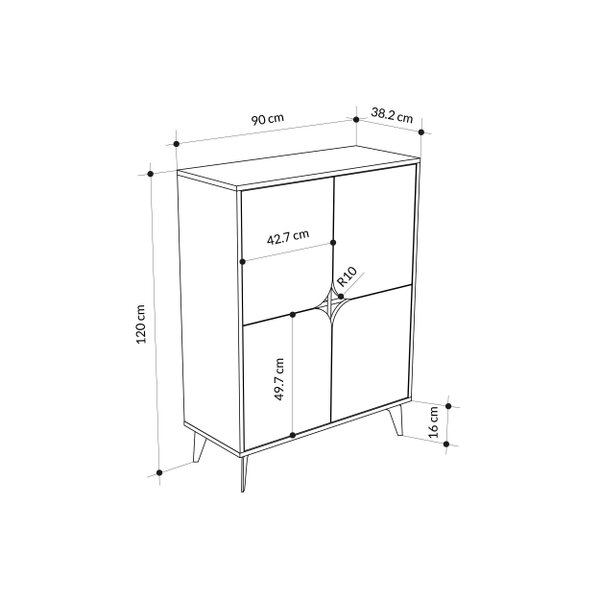 Decortie Modern Spark Cabinet 4-Doors Storage Engineered Wood Display Unit with Black Metal Legs 90(W)cm Oak