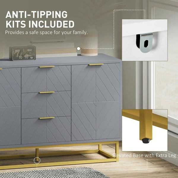 Grey sideboard cabinet with anti-tipping kit and elevated gold base legs