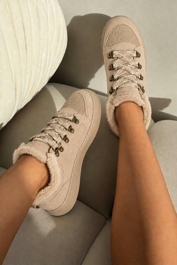 Love Lemonade Hudson Comfort Faux Suede Check Lace Faux Fur Lined Trainers Nude