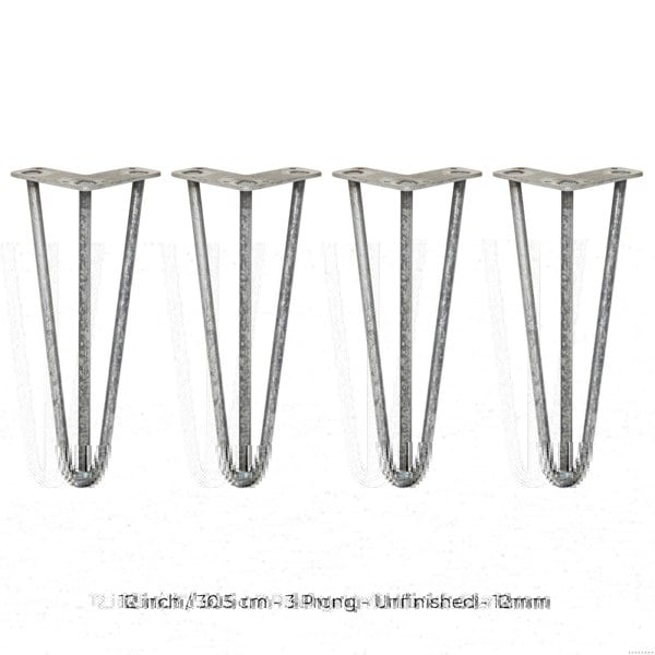 SkiSki 4 x 12" Hairpin Legs - 3 Prong - 12mm - Raw Steel