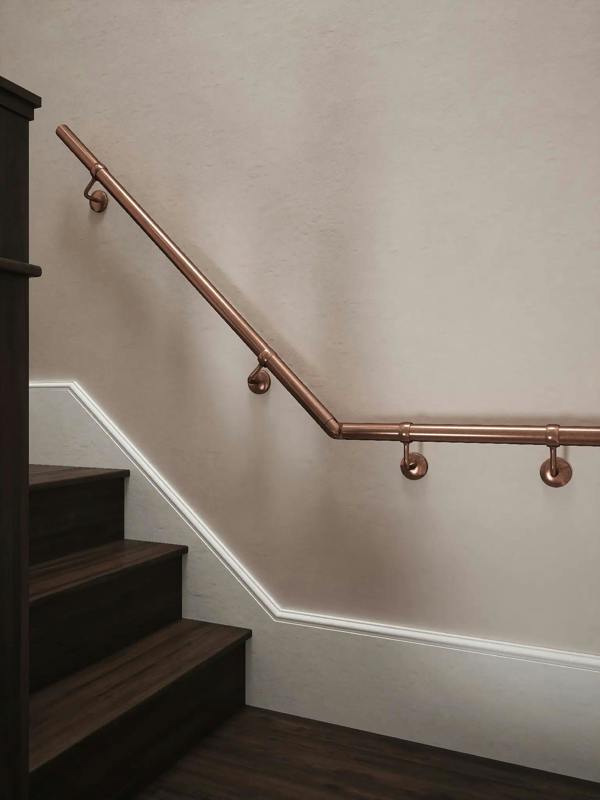 Sambourne Antique Copper Quarter Landing Handrail showing brackets and elbow to final rise