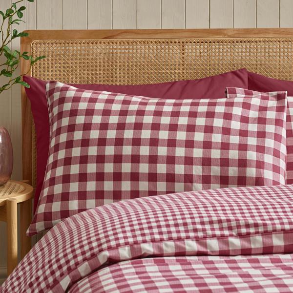 Catherine Lansfield Brushed Gingham Check Reversible Duvet Cover Set Burgundy