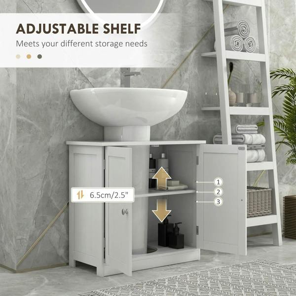 White vanity base cabinet with adjustable inner shelf and two doors for under-sink storage