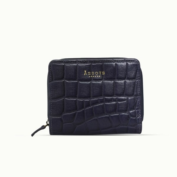 Assots London 'JOLLY' Navy Croc Real Leather Designer Zip-Top Wallet