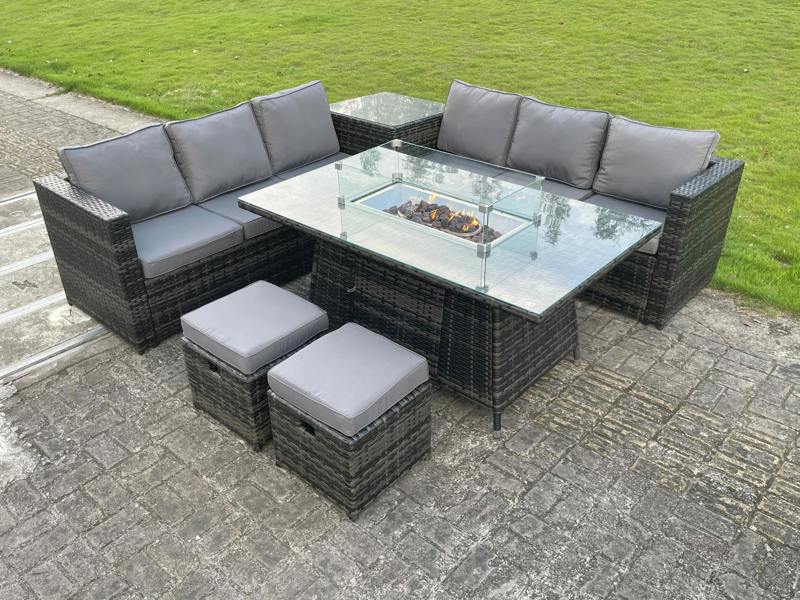 Fimous Outdoor Rattan Garden Corner Furniture Gas Fire Pit Table Sets Gas Heater Lounge Small Footstools Dark Grey