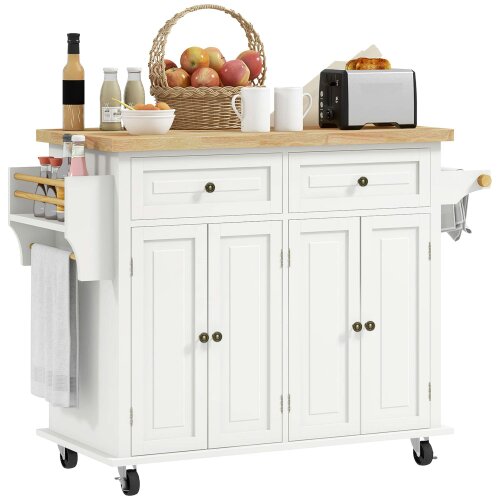Wyld Haus Vivali Rubberwood And Wooden Cream White Rolling Kitchen Island With Drawers And Storage