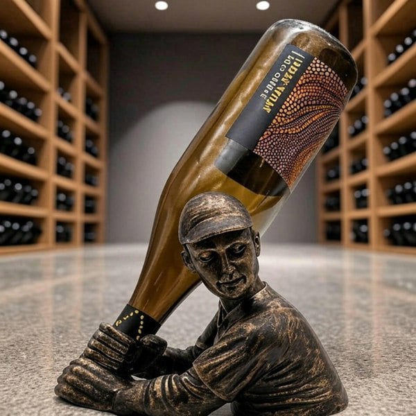 Bronze sculpture of a man holding a wine bottle in a wine cellar