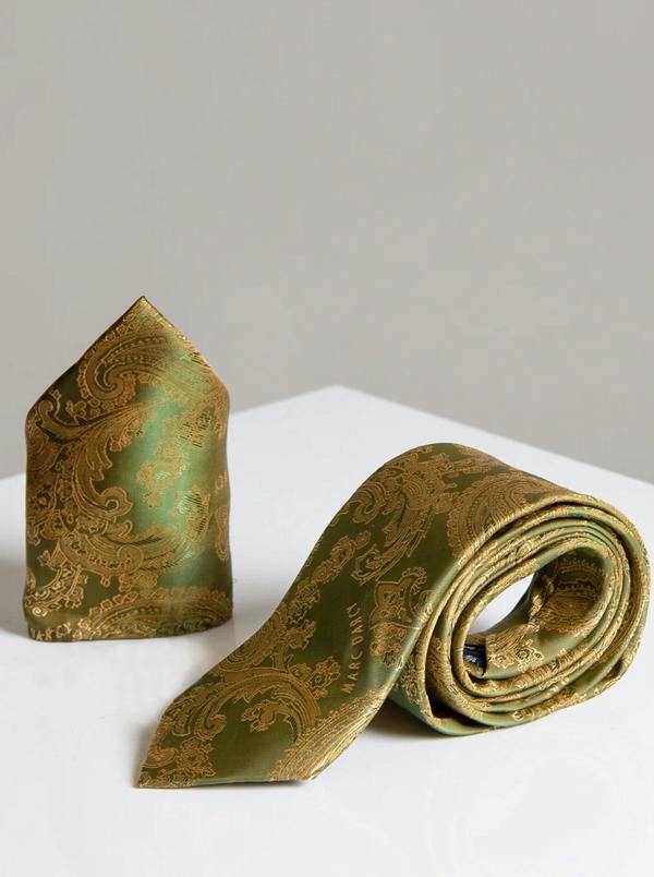 MARC DARCY Paisley Tie & Pocket Square Set - Tan/Gold