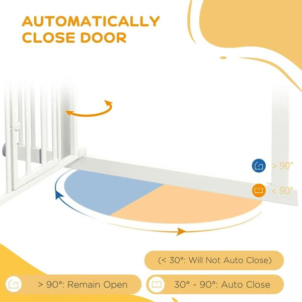 White pressure-fit dog gate with small cat door showing automatic closing door behavior