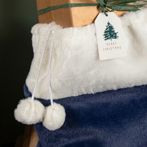 Samuel Alexander 80 x 55cm Blue Soft Plush Christmas Sack with White Faux Fur Trim and Pom Poms