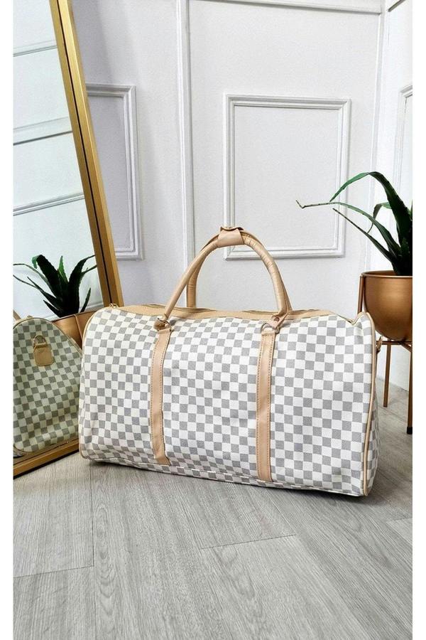 Indigo Checked Print Overnight Bag - White