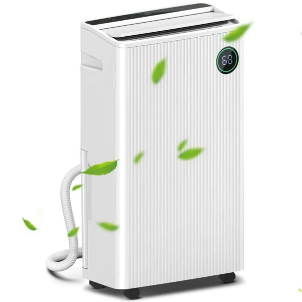White portable dehumidifier with front digital display and attached drainage hose