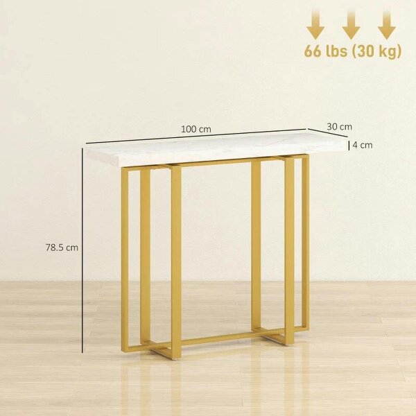 Console Table with Faux Marble Top, 100 cm Narrow Entryway Table with Anti-tipping Device, Steel Frame, White