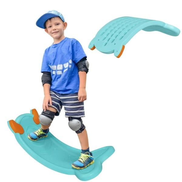 Kids' light blue curved balance board with orange grip pads, used by child