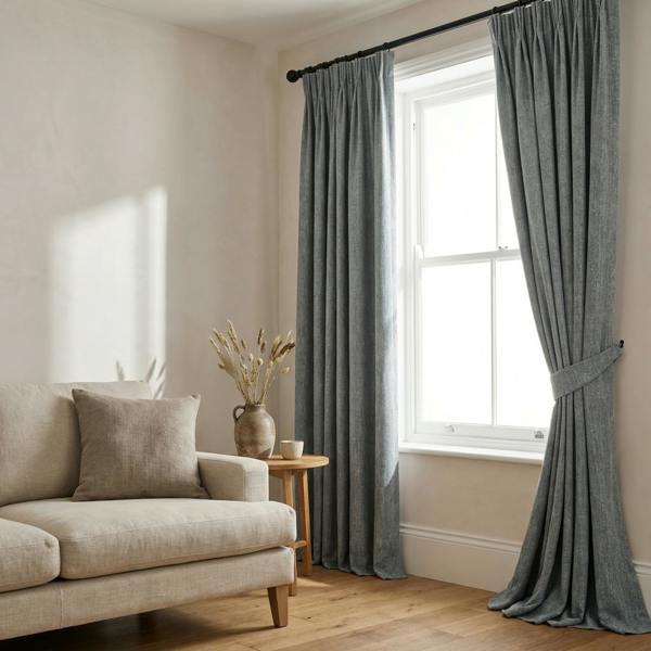 Sevilla made-to-measure curtains in Malibu, styled in a living room