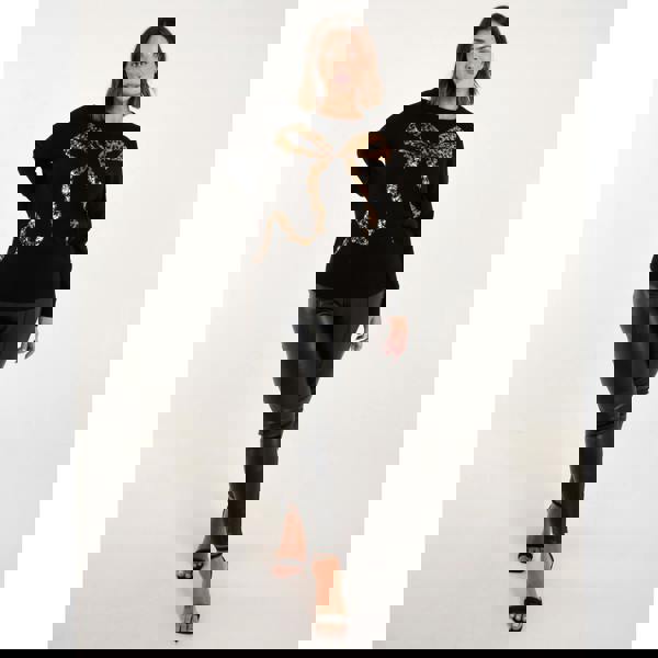 Blue Vanilla Curve Sequin Leopard Bow Jumper