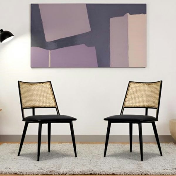 Furniture One Dining Chairs Set of 2, Mid-Century Kitchen Chair-Rattan Backrest and Metal Frame, Upholstered Dining Chair with Living Room, Bedroom
