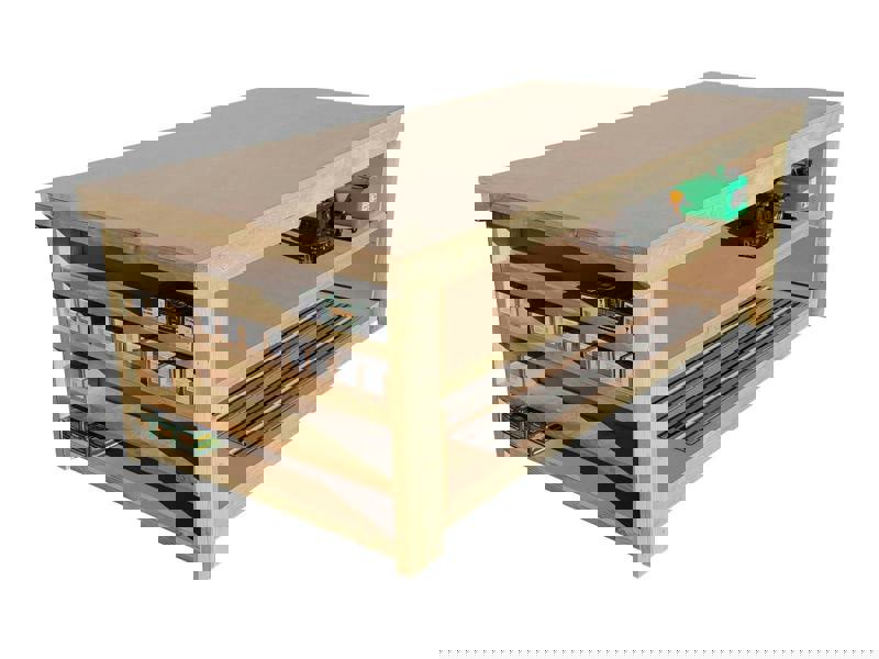 Wooden MDF top workbench with extra shelving and double shelf configuration, featuring a solid timber frame and smooth MDF work surface designed for practical workshop use