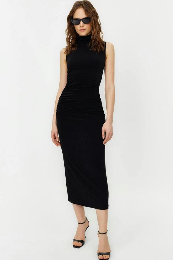 WOVCOR High Neck Sleeveless Draped Bodycon Maxi Dress