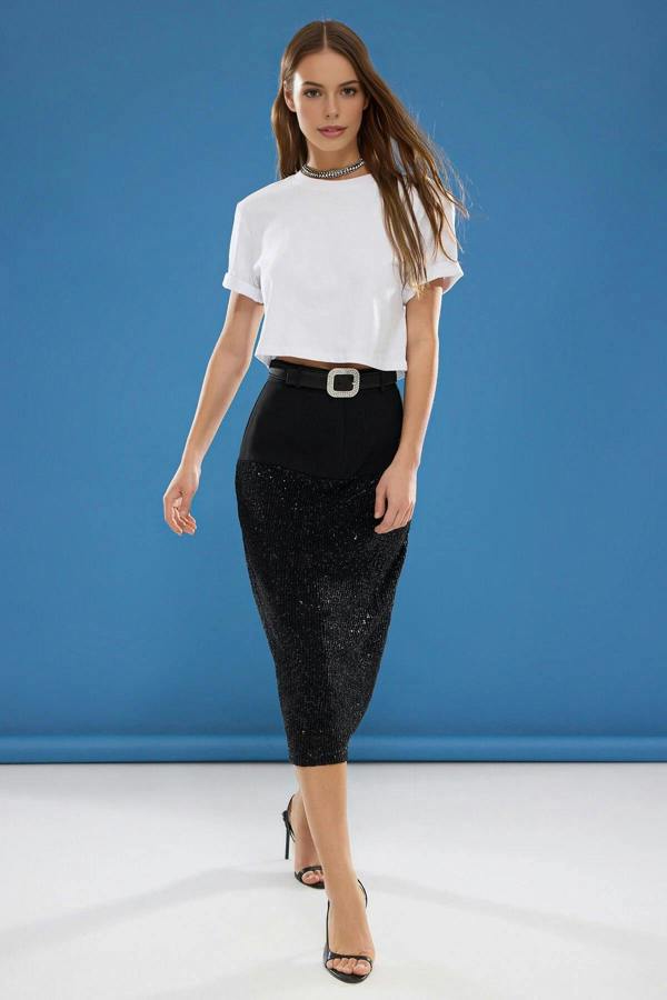 WOVCOR Sequin Detailed Midi Woven Skirt
