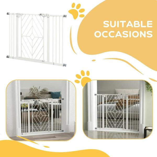 White dog stair gate with hinged door, shown in two room openings