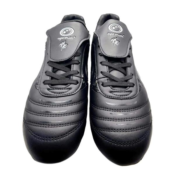Black Optimum Razor lace-up football boots, top-down front view of pair with grey tongue and white logo - Optimum