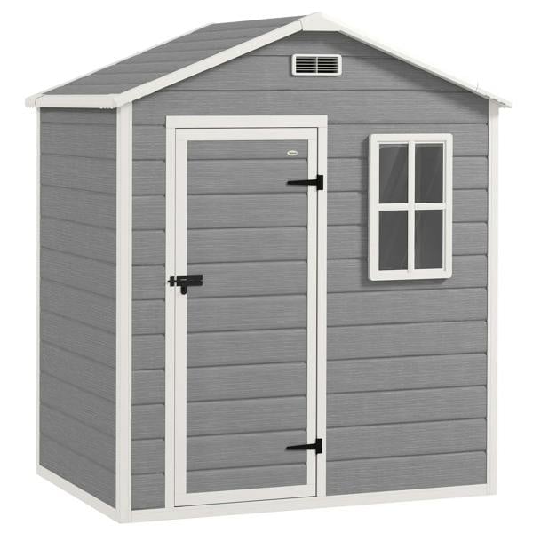 Grey plastic garden shed with white trim, lockable door, side window, and roof vent