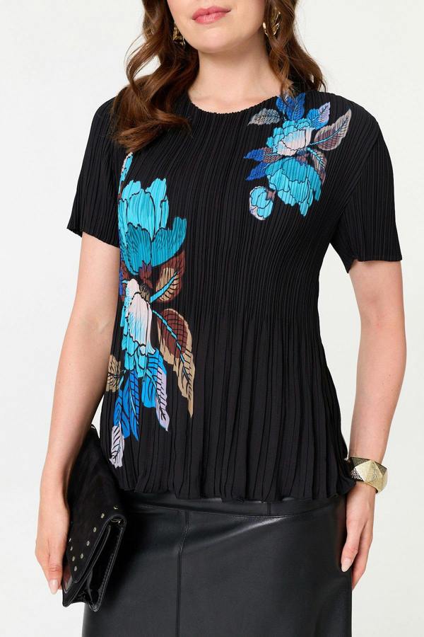 Black | Floral Pleated Short Sleeve Top
