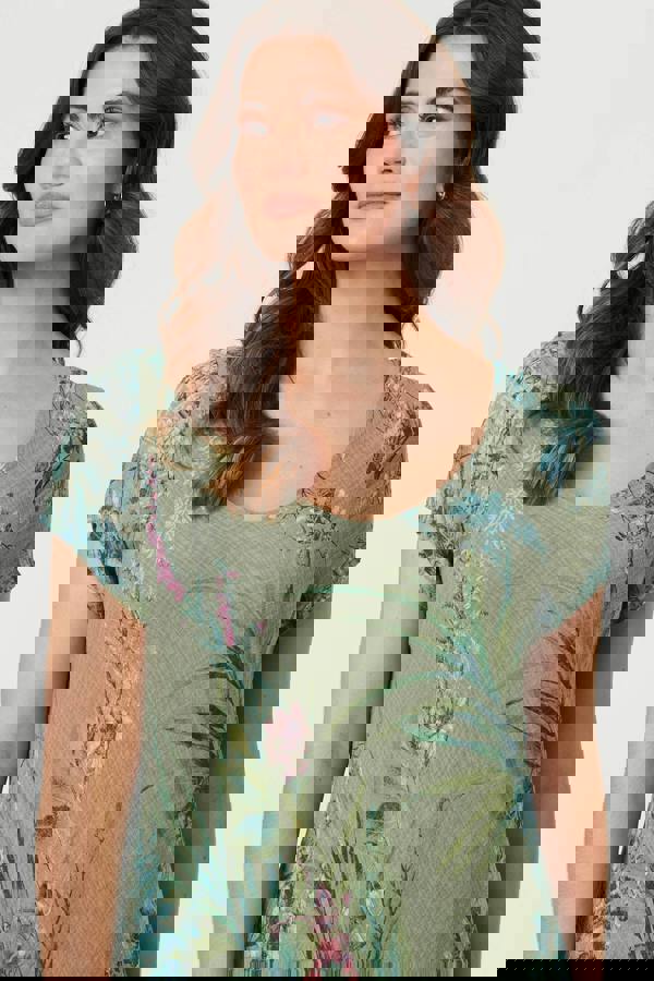 Green | Floral Layered Short Sleeve Midi Dress