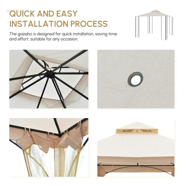 Beige garden gazebo installation process with black metal frame parts and top view