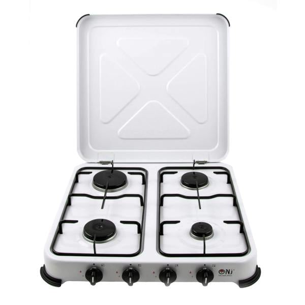 NJ-04 White gas stove with four burners and a lid