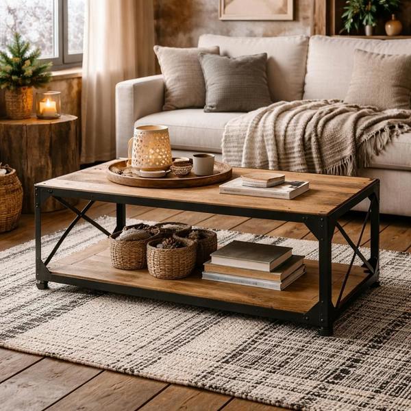 Wyld Haus Oulu Industrial Reclaimed Wood and Metal Vintage Coffee Table Bottom Shelf