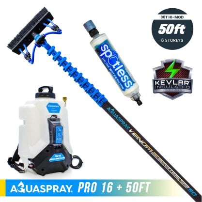Equip2clean Aquaspray® Venom 50ft 30T High-Mod KEVLAR INSULATED Water-Fed Pole & Spray Tank Pack - Aquaspray Pro 16L Backpack - 50ft 30T