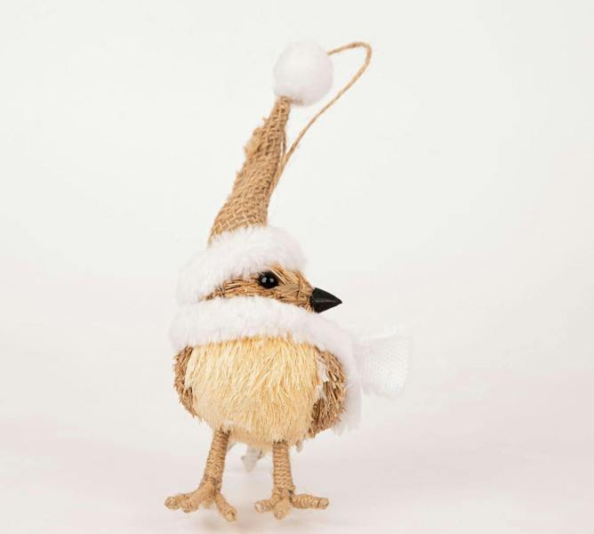 13cm Robin Christmas Tabletop Decoration with Furry Hat and Scarf, Rustic Straw and Jute Finish image 8