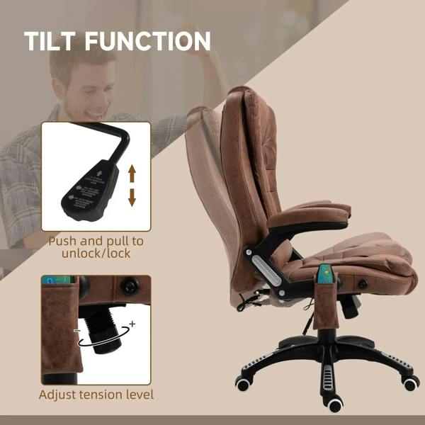 Brown tilt-style massage recliner office chair with extendable leg/footrest and swivel base