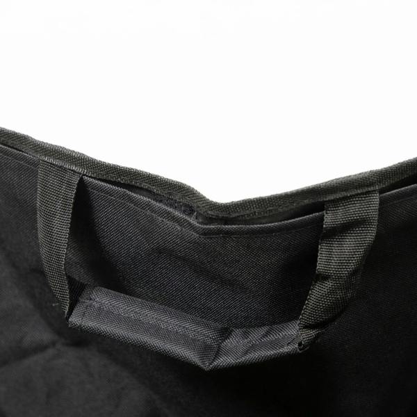 Black folding camping chair seat pocket with fabric divider and reinforced stitching