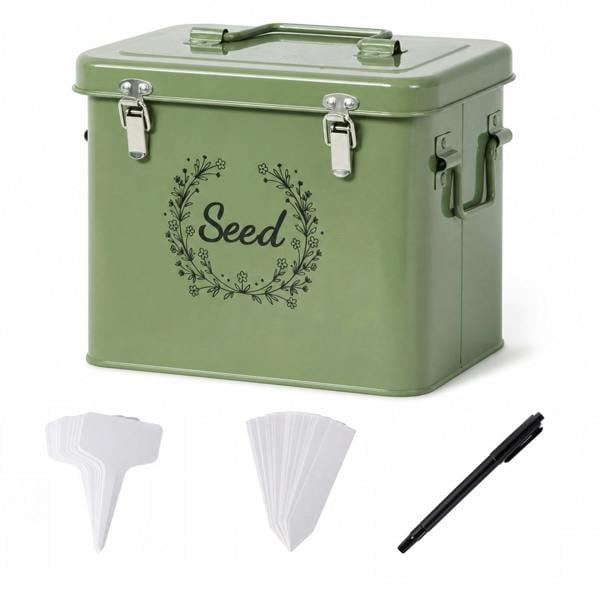 TOQUE Seed Storage Box Organiser 3 Compartment Metal Seed Storage Green