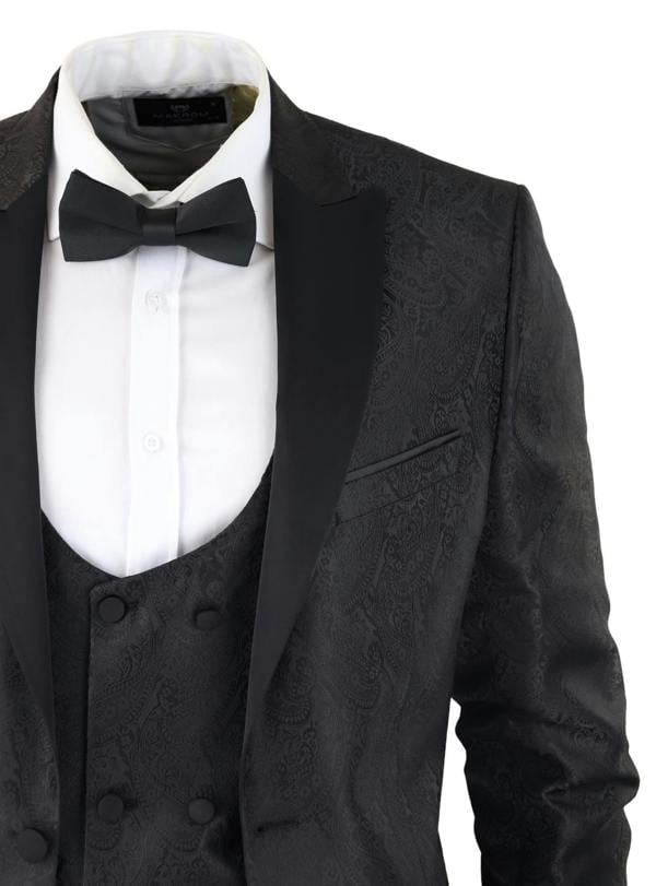TruClothing Mens Black Tuxedo Blazer Waistcoat Brocade Satin Paisley Formal Dinner Jacket