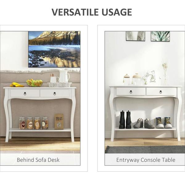 Ivory white console table with two drawers and open storage shelf, living room style